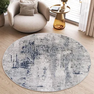 TAPISO Sky Rund Teppich Kurzflor Beige Blau Grau Hellgrau 160 x 160 cm | Modern Vintage Meliert Verwischt Design Wohnzimmer Schlafzimmer 3D Optik oeko-tex
