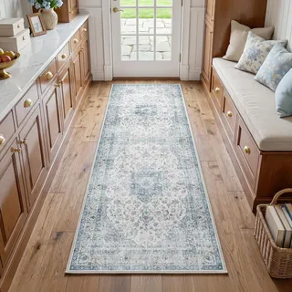 Beauoop Waschbar Teppich Läufer Flur 60x180 cm Blau Vintage Küchenteppich | Kurzflor Weich Rutschfest Orientalischer Teppichläufer Bettvorleger Schlafzimmer Wohnzimmer Eingangsbereich Pflegeleicht Rug