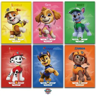 canvea PAW Patrol Poster Set – Kinderzimmer Wanddeko – Geschenkidee Kinder – 6x A4 Poster (Chase, Marshall, Rubble, Skye, Rocky & Zuma)