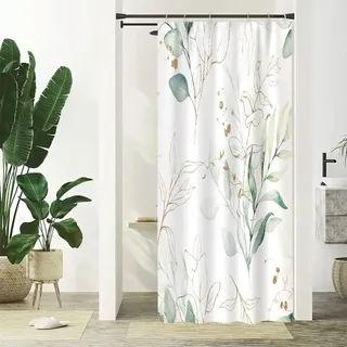 Duschvorhang Mit Eukalyptusblattmuster, Abstraktes Gold- Und Grünmuster, Schimmelresistent, Wasserdicht, Waschbar, Polyester, 90 X 180 Cm Mit Haken