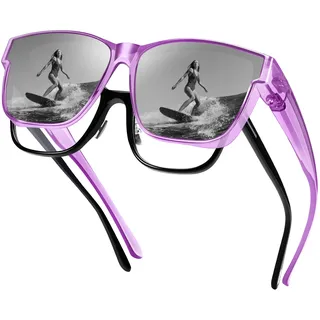 URUMQI Überzieh Sonnenbrille über Normale Brille, Polarisiert Überbrille Sonnenbrille für Brillenträger Damen Herren, Fit over Sunglasses mit UV400 Schutz für Fahren, Angeln Lila Rahmen - Mittelgroß bis Groß
