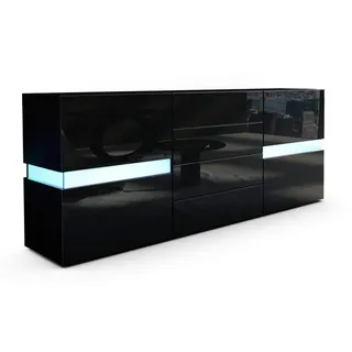 Vladon Sideboard Flow (Kommode mit Ambient Light Verglasung, mit 2 Türen, je 2 Fächer dahinter und 4 Schubladen), Schwarz matt/Schwarz Hochglanz, inkl. LED-Beleuchtung (177x75x39 cm) schwarz