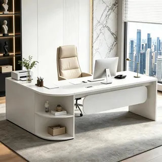 ZRBDDEF Chefschreibtisch L-Form mit Sideboard, Moderner Managerschreibtisch mit Stauraum, Großer Büroschreibtisch für Chefzimmer, Executive Schreibtisch für Büro und Homeoffice