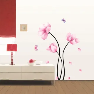Ambiance Sticker Wandaufkleber-Dekorationsklebstoffe Rosa Blumen und Schmetterlinge Wandtattoo für Baby, Kinderzimmer und Wohnzimmer - H70 x L50 cm