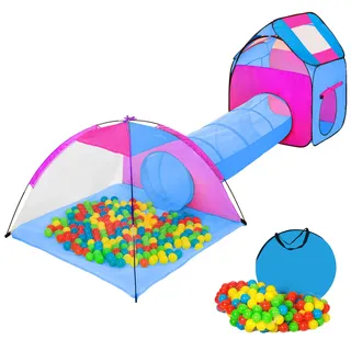 tectake® Spielzelt mit Tunnel, 200 Bällen und Tasche - blau