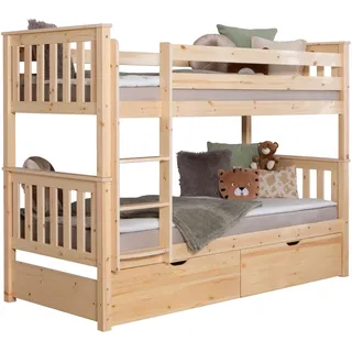 TiCAA Etagenbett, Kinderbett, Stockbett Funktionsbett für Kinder mit Treppe & Schubkasten mit Ausziehfunktion teilbar in Zwei Einzelbetten aus Kiefer Natur Massivholz Bettgestell 90 x 200
