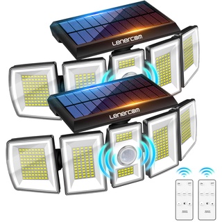 Lenercom Solarlampen für Außen mit Bewegungsmelder, IP65 Wasserdichte Wandleuchte, 360° Solar Aussenleuchte Mit Fernbedienung für Garten Terrasse 2 Stück