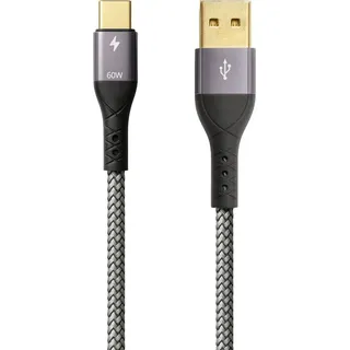 ProfiPatch USB A auf USB C Kabel 60W QC 3A 3m grau Goldkontakt Textil USB Datenkabel, Schnellladekabel für Notebooks, Laptops und Handys - Grau