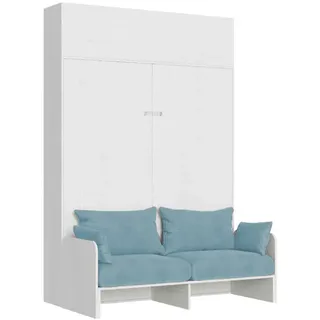 Kentaro 160 cm Klappbett für Doppelbett mit Sofa und Schrankwand aus weißer Esche, hellblau