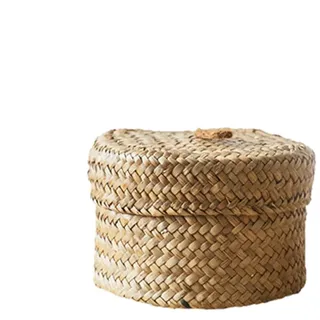 Kleiners Korb Mit Deckel Rattan, Kleine Runde Seegras Lagerkörbe, Runde Seegras Aufbewahrungskörbe, Rustikale Aufbewahrungsbox Gewebte Körbe, Handgewebte Rattan Aufbewahrungskorb