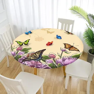 Morbuy Rund Tischdecke Elastisch, Schmetterling Drucken Rund Tischdecken Wasserdicht Lotuseffekt Abwaschbar Abwischbar Tischtuch für Garten Outdoor Küchentisch (Für Tisch 140-150 cm,Beige)