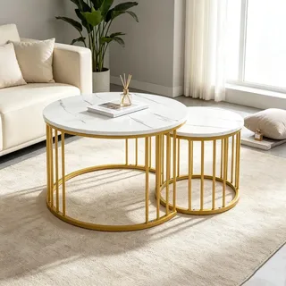 2er Set Satztische,Couchtisch Rund Marmor Muster Holztische mit Metallrahmen,Stapelbarer Beistelltisch Set,Sofatisch für Wohnzimmer,Balkon(60cm+40cm) - Weiß