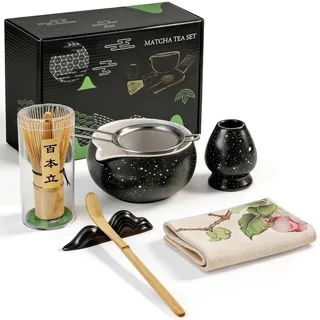Matcha Set 8-Piece Premium Tea Ceremony Kit with Ceramic Bowl, 100+ Tines Bamboo Whisk (Chasen), Holder, Spoon, Strainer & Cloth (Schwarz, Schwarz mit Punkten)