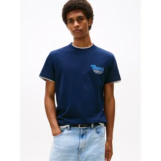Tommy Hilfiger T-Shirt TOMMY JEANS "FONT PLAY TEE", Herren, Gr. M, schwarz night navy, Single Jersey, Obermaterial: 100% Baumwolle, unifarben, slim fit normal, Rundhals, eingesetzt abgesteppte Kante, Shirts T-Shirt, Slim fit mit Rundhalsausschnitt