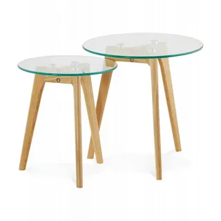 KADIMA DESIGN Couchtisch Runder Satztisch aus Holz und Glas Skandinavisches Design (Kompakter Couchtisch für Wohnzimmer Elegante Satztische), Moderner Beistelltisch mit Glasplatte 50x50x45 cm weiß