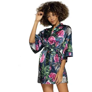DKaren Morgenmantel Damen Morgenmantel Satin Kurz Bademantel Kimono Flowers, Gürtel bunt XS