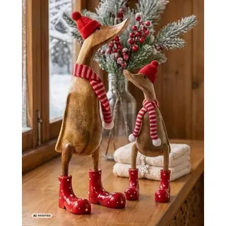 Kinaree Deko Ente Holz mit Schal - handbemalte Bambus Laufente, Dekofigur Holzfigur für Wohnzimmer, Flur & Fensterbank, Winterdeko & Geschenkidee - Rot, 38 cm