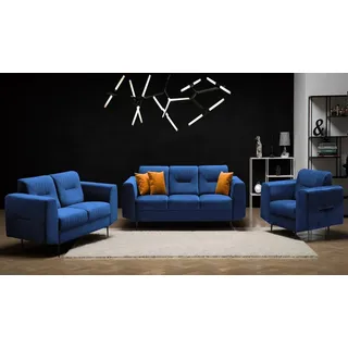 Beautysofa Polstergarnitur VENEZIA, (Sessel + 2-Sitzer Sofa + 3-Sitzer Sofa im modernes Design), mit Metallbeine, Couchgarnituren aus Velours blau