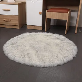 TROYSINC Plüsch Teppich Rund Fellimitat Fellteppich, Faux Lammfell Schaffell Lange Haare Fell Optik Gemütliches Bettvorleger Sofa Matte (Weiß+Grau,Durchmesser 70 cm)
