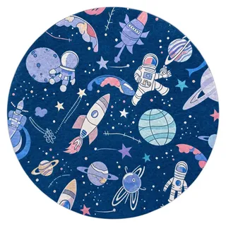 BAMBINO 61580 Kreis Waschteppich Weltraum, Rakete für Kinder Anti-Rutsch - marineblau / orange Blau rund 160 cm - Blau