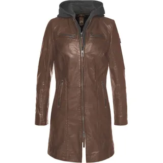 Ledermantel MAURITIUS "Bente", Damen, Gr. XS/34, braun (cognac), Obermaterial: 100% Schafsleder. Futter: 100% Baumwolle. Ärmelfutter: 100% Polyester. Kapuze: 55% Polyester, 45% Baumwolle, kontrastfarbene Details, modisch, sehr figurbetont Po-bedeckend, Langarm mit Reißverschluss, Mäntel, 2-in-1-Lederjacke mit abnehmbarem Kapuzen-Inlay aus Jerseyqualität