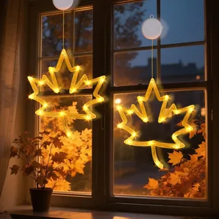 Herbstdeko Kürbis Fenster Lichter, 2 Stück Herbst Deko Fensterlichter mit Saugnapf Kürbis Ahornblatt Lichterkette Hängende Fensterdeko Lichter Beleuchtung Halloween Deko Fensterlichter Batterie (B)