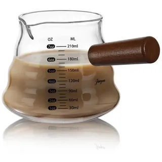 luxuskollektion Joeyan 210ml Espresso Messbecher Glas,7 oz Wellenförmiges Coffee Measuring Cup,Klar Milchkännchen mit Holzgriff und Ausgießer,Klein Espressotassen