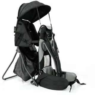 Lil' Boss Kinder Rückentrage Wandern, FASports Kindertrage 20kg bis 25kg, ergonomische Kindertrage Rucksack mit Regen- und Sonnendach, Kinderkraxe Kleinkind Schwarz-Grau, 50 x 38 x 90 cm