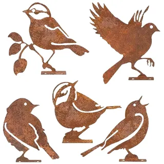 InteDesign 5er Set Rostige Vögel Gartendeko Metall Gartenstecker Rost Vögel Deko- Edelrost Vogelsilhouetten Zaundeko Outdoor, Rost Deko für Garten, Gartenstecker Metall (5pcs-1)