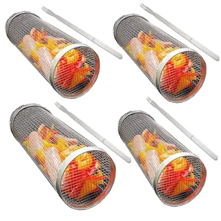 4Stück Rolling Grillkorb Zylindrischer Grillkorb Edelstahl mit Grillgabel, BBQ Grillrolle Grill Korb Grill Rack Grillen von Gemüse, Fisch, Fleisch Grillkorb Zylinder (4Stück, L (30CM))
