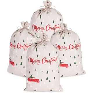 BRUBAKER Weihnachtssack Merry Christmas - Tannenbaum Wald mit Auto Rot - 80 cm Geschenksack Weihnachten - Nikolaussack Sack Baumwolle mit Kordel zum Verpacken von Geschenken - 4 Stück