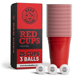 BeerBaller Becher BeerBaller® original Red Cups - 25 rote Beer Pong Becher & 3 Bälle, 16oz/473ml rot