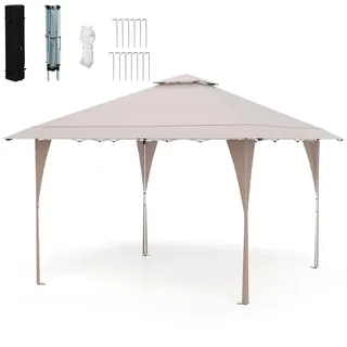 HOMASIS 4x4 m Faltpavillon, Pop up Pavillon mit Tragetasche & Doppeldach, Wasserdichter Stabil Wetterfest Gartenpavillon mit UV-Schutz, Gartenzelt höhenverstellbar, Partyzelt für Garten Party (Khaki)