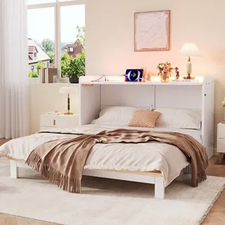 Modulares Schrankbett mit Schubladen, USB, Steckdose & LED Beleuchtung, Hochglanz-Oberfläche, umbaubar, ohne Matratze - Weiß 140x200 cm - Weiß