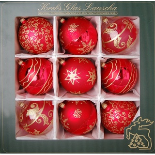 Krebs Glas Lauscha - Weihnachtsdekoration/Christbaumschmuck aus Glas - Weihnachtskugeln in Rot mit Weihnachtsdekor verziert - 9 Stück - Größe: ca. 10 cm