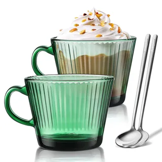 Joeyan 450ml Latte Macchiato Gläser 2er Set, Grün Gerippte Kaffeetassen mit Löffel, Vintage Teeglas mit Henkel, Espressotassen Dickwandig, Cappuccino Cup für EIS,Eistee,Milch,Saft, Spülmaschinenfest