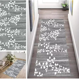 ZUZEKU Grau Teppich Läufer Lang Flur Küche rutschfest Waschbar Modern Teppichmattent 90X160cm Blattmuster Küchenläufer Küchenteppich Meterware Esszimmer Schlafzimmer Wohnzimmer Schmutzfangmatte