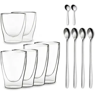 DUOS® Jumbo 6er Set Latte Macchiato Doppelwandige Gläser - 2x 80ml + 2x 310ml + 2x 410ml + 6x Löffel, Kaffeegläser für Cappuccino & Latte Macchiato