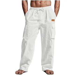 CSHE Jogginghose Herren Sommer Leinenhose Leicht Freizeithose Bequem Atmungsaktive Sporthose Einfarbige Leinen Hose mit Taschen Elastischer Weite Bein Cargohose - L