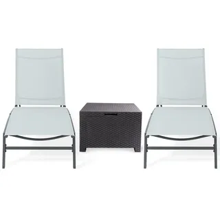 ONDIS24 Gartenliege Sonnenliegen 2er Set mit Beistelltisch/Kissenbox im Rattan Design, Metall Relaxliegen Pool Set, wetterfest, UV-beständig grau