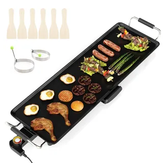COSTWAY 70cm elektrische Grillplatte, Teppanyaki Grill antihaftbeschichtet, BBQ-Grill mit einstellbarer Temperatur, Thermostaten und Tropfschale, Elektrogrill für drinnen und draußen