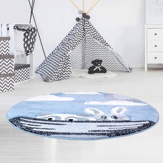 carpet city Kinderteppich Bueno Flachflor Konturenschnitt mit Tieren Hase Waschbär Boot in Blau für Kinderzimmer, Größe: 120 cm rund