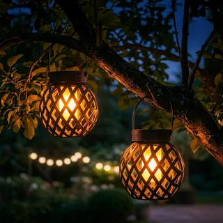 Solar Hängeleuchte 13 x 11 cm mit Flammeneffekt - 2er Set | LED Laterne zum Hängen für Außen - Garten Lampion Deko Beleuchtung Solarlaterne Solarlampe Hängeleuchte