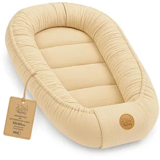 Musselin Babynest Nestchen Baby 90x50 cm - Babynestchen Neugeborene Nest für Kinder Bett und Babybett tragbar Kuschelnest Coccon für Jungen und Mädchen Baumwolle Hellbeige