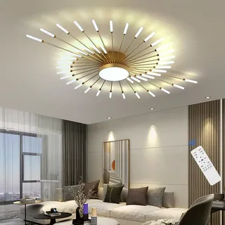 Lxysy LED Deckenlampe Wohnzimmer Ø128cm, Dimmbar Deckenleuchte Gold mit Fernbedienung, Deckenleuchte Wohnzimmer Modern Groß, Feuerwerksform, Stilvoll und Stimmungsvoll (Gold, 42+1 Köpfe)