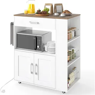 COSTWAY Küchenwagen auf Rollen, Servierwagen mit Arbeitsplatte, Schublade, Handtuchhalter&3 Gewürzregalen, Kücheninsel Holz Weiß+Natur75x46x90,5cm - Weiß/Naturbelassen