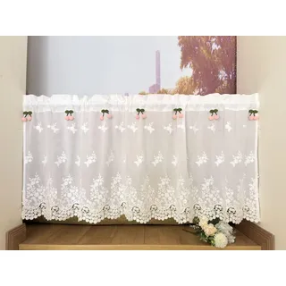 Vordesack Baumwolle Scheibengardine mit Kirschen-Pompons Weiß HxB 40x150cm | Halbtransparente Kurzgardine im Landhausstil, Süße Blumenstickerei für Küche & Kinderzimmer, Stangendurchzug, 1 Stück