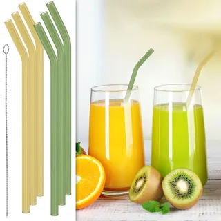 Glas-Trinkhalme wiederverwendbar mit Reinigungsbürste, 6erSet, 19 cm, mehrfarbig, gebogen, Glasstrohhalme ideal zu Cocktails, Smoothie und Säften