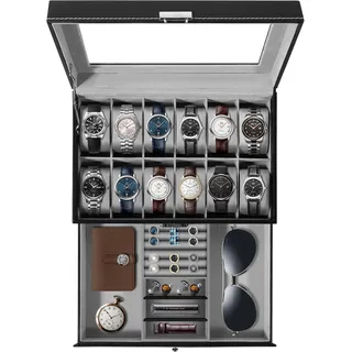 Uten Uhrenbox 12 Uhren, Uhrenkasten Herren, Schmuckkästchen Damen, Uhrenkoffer mit Schublade, Schlüssel, Weihnachtsgeschenke, Schwarz