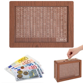Spardose Holz Braun Retro Sparbüchse 3000€ Geldkassetten mit Zahlen Ankreuzen Aufbewahrungsbox für Sparchallenge Erwachsene Kindern Die Gewohnheit Zum Sparen